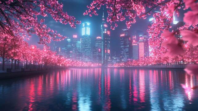 Fantasy Japanese night view city citycape, neon light, residential skyscraper buildings, pink cherry sakura tree. Night urban anime fantasy