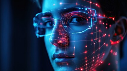 Close up of a person wearing futuristic glasses with a red and blue grid overlay