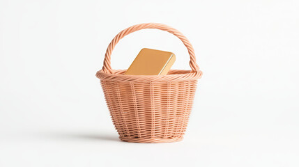 Obraz premium Gold Bar in Wicker Basket on White Background Single gold bar placed inside a light wicker basket, isolated on a white background symbolizing wealth, savings, or investment