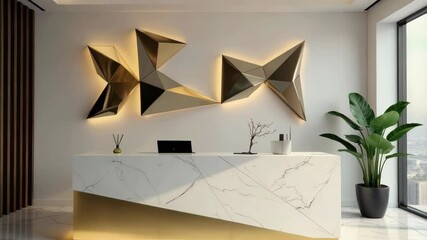 Discover a chic office reception with sleek furniture and design that blends professionalism and comfort