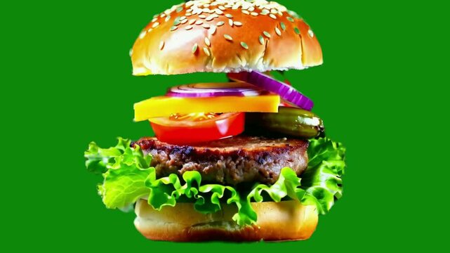 Creative Display of a Deconstructed Burger Floating Against a Dark Background
