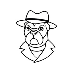 Line art illustration of a bulldog face with a detective hat.eps
