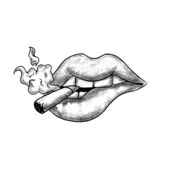 illustration art hand drawn black and white lips and cigarette tattoo and t-shirt design