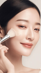 Close-Up Portrait of Korean Woman Applying Foundation with Brus