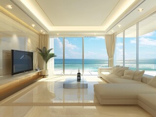 Modern Beachfront Living Room With Panoramic Ocean View and Contemporary Furnishings
