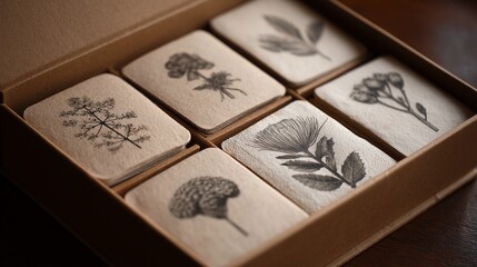 Box of beige cards, each featuring a different botanical illustration in black ink, showcasing a collection of pressed flower designs, ideal for nature-themed stationery or branding