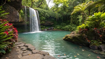 Naklejka premium A gentle waterfall flows into a pristine pool, encircled by lush green foliage, embodying tranquility and natural beauty.