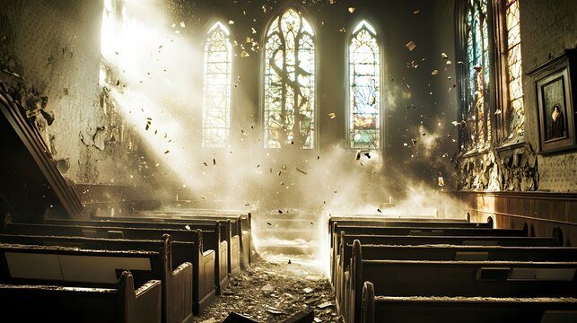 Sunbeams illuminate a shattered church interior.