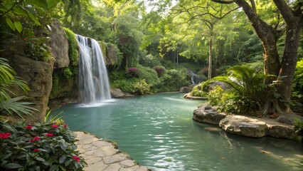 A gentle waterfall flows into a pristine pool, encircled by lush green foliage, embodying tranquility and natural beauty.