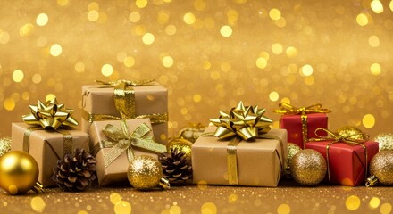 Festive Presents on Gold Glitter Background Photo with Golden Bows and Ornaments