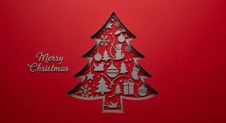 Festive Red Christmas Tree Cutout with Silver Ornaments and Text