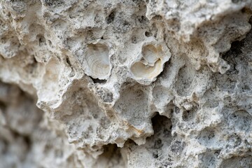 A close-up reveals fossilized seashells embedded in the textured surface of a weathered, porous limestone rock formation.