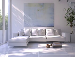 Bright and airy minimalist living room with large abstract painting and spotlessly white furniture