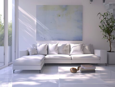 Bright and airy minimalist living room with large abstract painting and spotlessly white furniture
