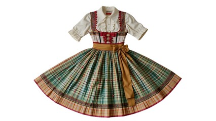 Vintage Austrian Folk Dance Costume Checked Apron Ruffled Blouse Ribbon Skirt