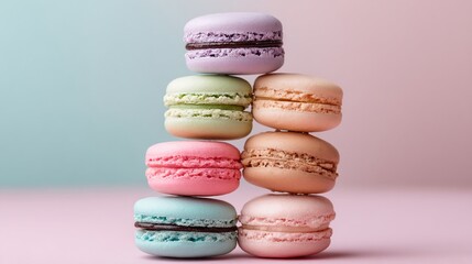 Stack of pastel-colored macarons, showcasing delicate texture and vibrant hues, symbolizing sweetness, elegance, and French pastry artistry
