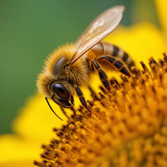 Close-Up Macro of Honeybee Collecting Nectar on Sunflower with Detailed Pollen Grains and Wing Textures