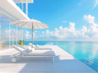 Obraz premium A tranquil and luxurious poolside scene with sun loungers, parasol, and an expansive ocean view