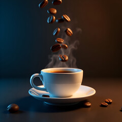 Hot Coffee in White Cup with Roasted Beans in Motion – Moody Lighting