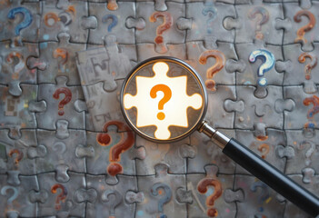 Puzzle of Question Marks with Final Glowing Answer Piece Under Magnifying Glass – Symbol of Problem-Solving and Data Analysis