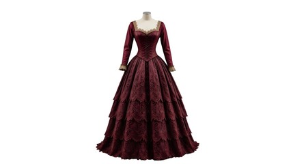 19th Century Austrian Noblewoman Evening Gown Burgundy Silk Brocade Lace Skirt
