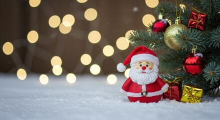 Festive Photo of Santa Figurine and Christmas Tree Decoration in Snowy Scene