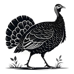Naklejka premium a black and white drawing of a turkey with a silhouette and white background.