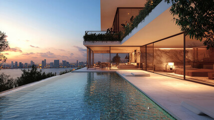 Fototapeta premium Modern villa with a private rooftop infinity pool overlooking the Miami skyline in Florida