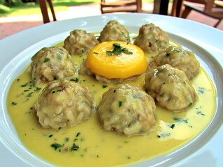 A Mango Sauce on a Rice Dumpling Dessert on a Minimalist Dish