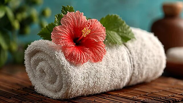 Spa Day Relaxation: Hibiscus Flower on White Towel