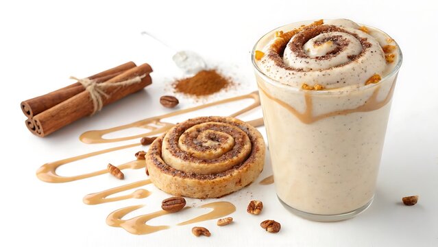 cup of coffee with cinnamon and cookies on a white background