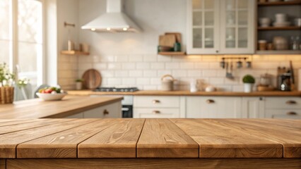 Rustic Kitchen Wood Tabletop with Blurred Background, Kitchen Design, Interior Design