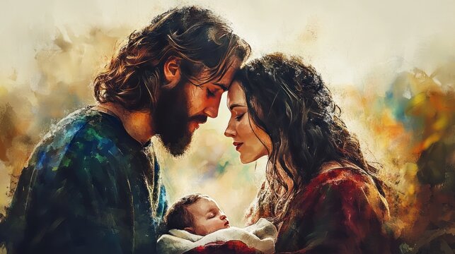 Beautiful digital watercolor painting of Jesus, Mary, and baby Jesus in a serene nativity scene