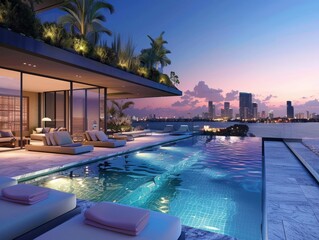A breathtaking luxury poolside setting overlooking a vibrant cityscape as twilight engulfs the sky, hinting at leisure and opulence