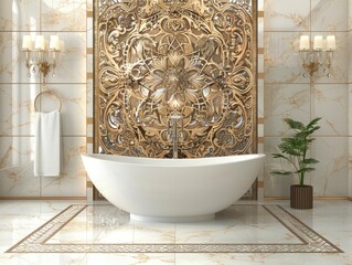 A lavish bathroom scene with a golden ornate feature wall, elegant sconces, and a freestanding tub makes for a serene escape