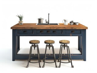 This kitchen scene features a blue vintage industrial island with wooden top and metal bar stools