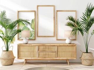 A well-lit living area with tropical elements, wooden fixtures, and a minimalist aesthetic