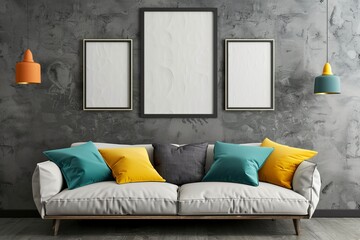 A cozy modern sofa is adorned with teal and yellow cushions, flanked by unique wall lights and art