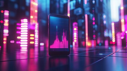 A smartphone displaying a graph against a backdrop of neon cityscape lights bokeh