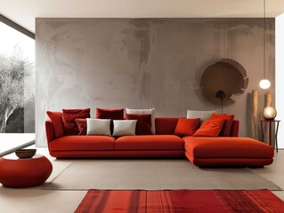 Stylish interior design featuring a striking red sofa set against a textured gray wall, accented by round art piece