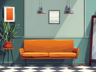 Contemporary living room with a minimalist aesthetic, featuring a bold orange sofa, chic pendant lights, and elegant decor in a clean design