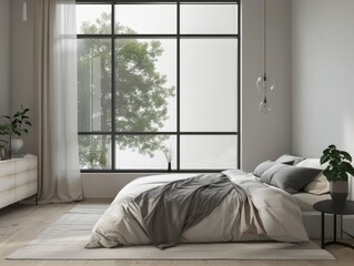 A serene modern bedroom showcasing a large window with a view of greenery, paired with neutral colors for a calm and peaceful atmosphere
