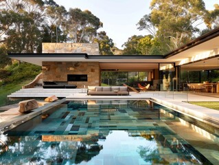 A breathtaking view of a luxurious modern house with vast glass windows opening up to an infinity pool nestled in nature, signifying opulence and harmony with the environment