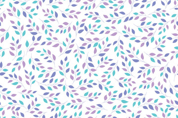 Abstract leaves seamless pattern design in teal and purple colors on white background, can be used for background, textiles, wrapping paper and other decorative purposes.