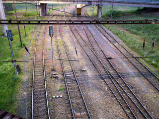Railway tracks with multiple switches and signals under an overpass, captured in soft evening...