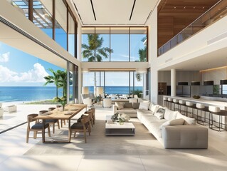 Experience ultimate luxury in an expansive open-concept beachfront living area with panoramic ocean views
