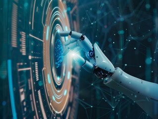 A high-tech robot hand interacts with an advanced digital interface, symbolizing innovation and artificial intelligence