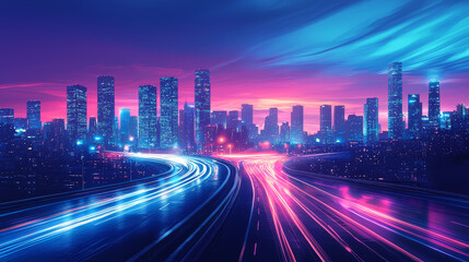 Obraz premium road in city with skyscrapers and car traffic light trails. infrastructure and transportation background