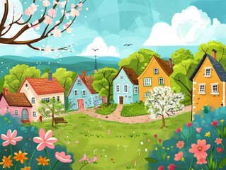 Colorful cartoon village with quaint houses and a cheerful landscape