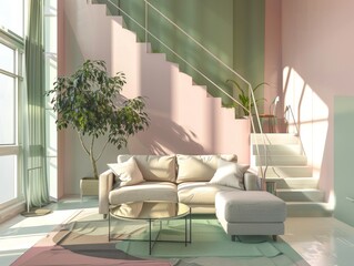 A cozy living space featuring a beige sofa, pastel-colored walls, and a modern staircase, depicting comfort and contemporary design